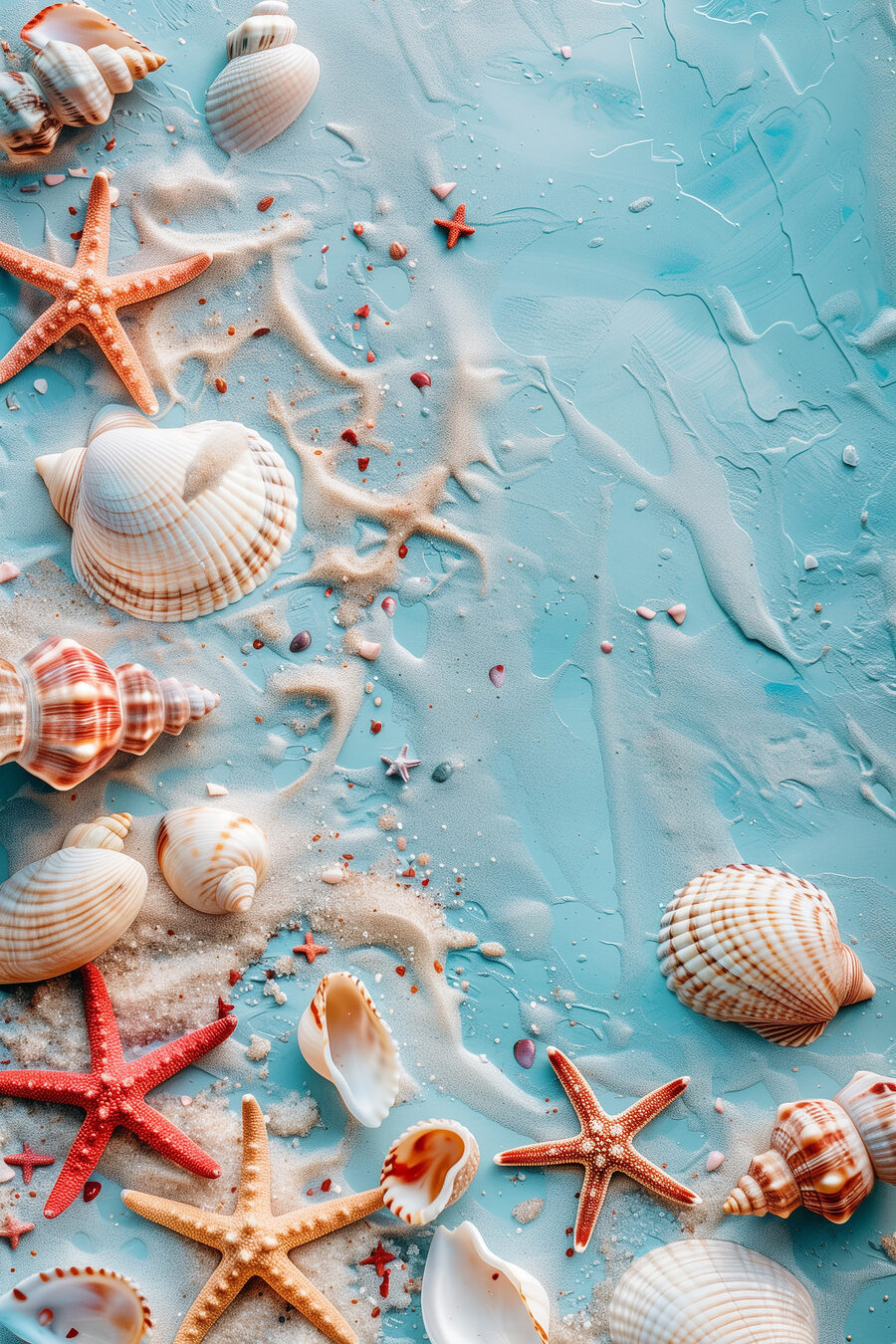 Een groep zeeschelpen en zeesterren op een blauw oppervlak Een groep zeeschelpen en zeesterren op een blauw oppervlak