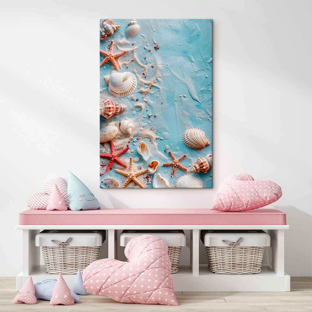 A group of seashells and starfish on a blue surface
