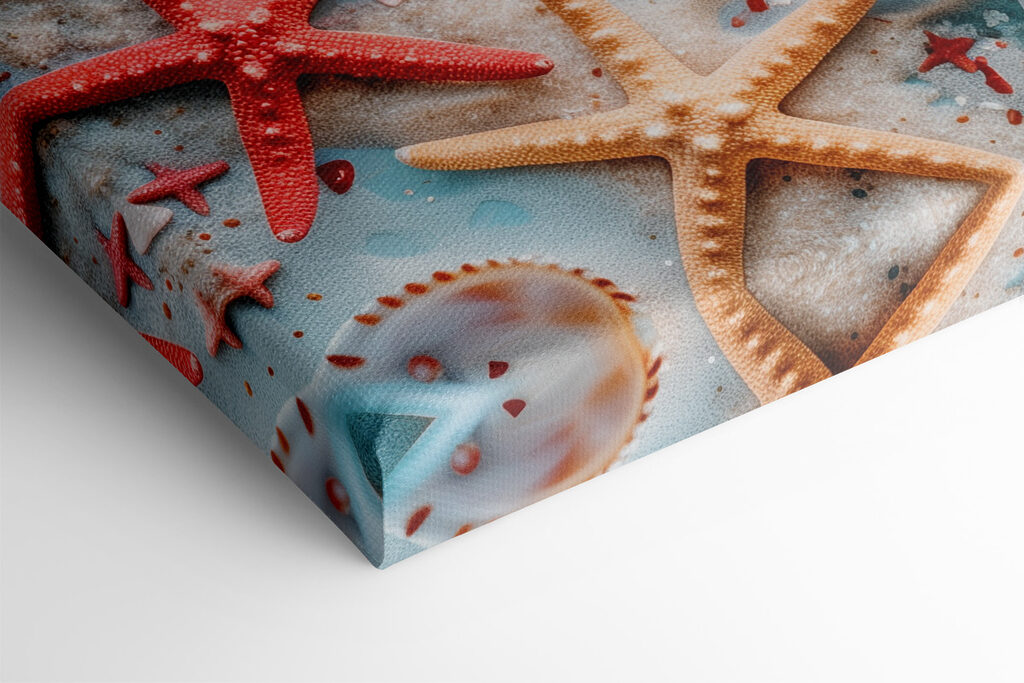 A group of seashells and starfish on a blue surface