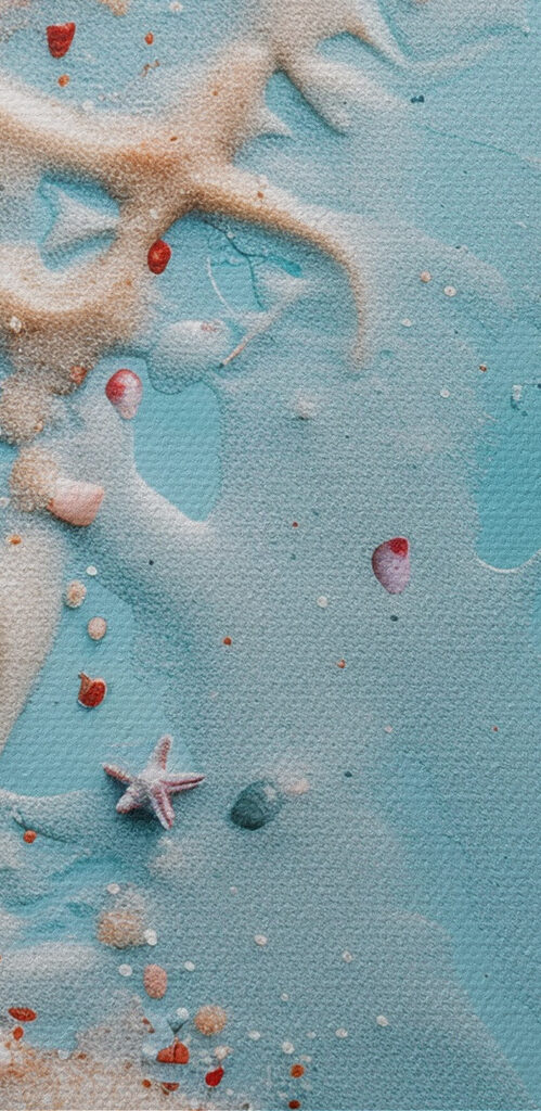 A group of seashells and starfish on a blue surface