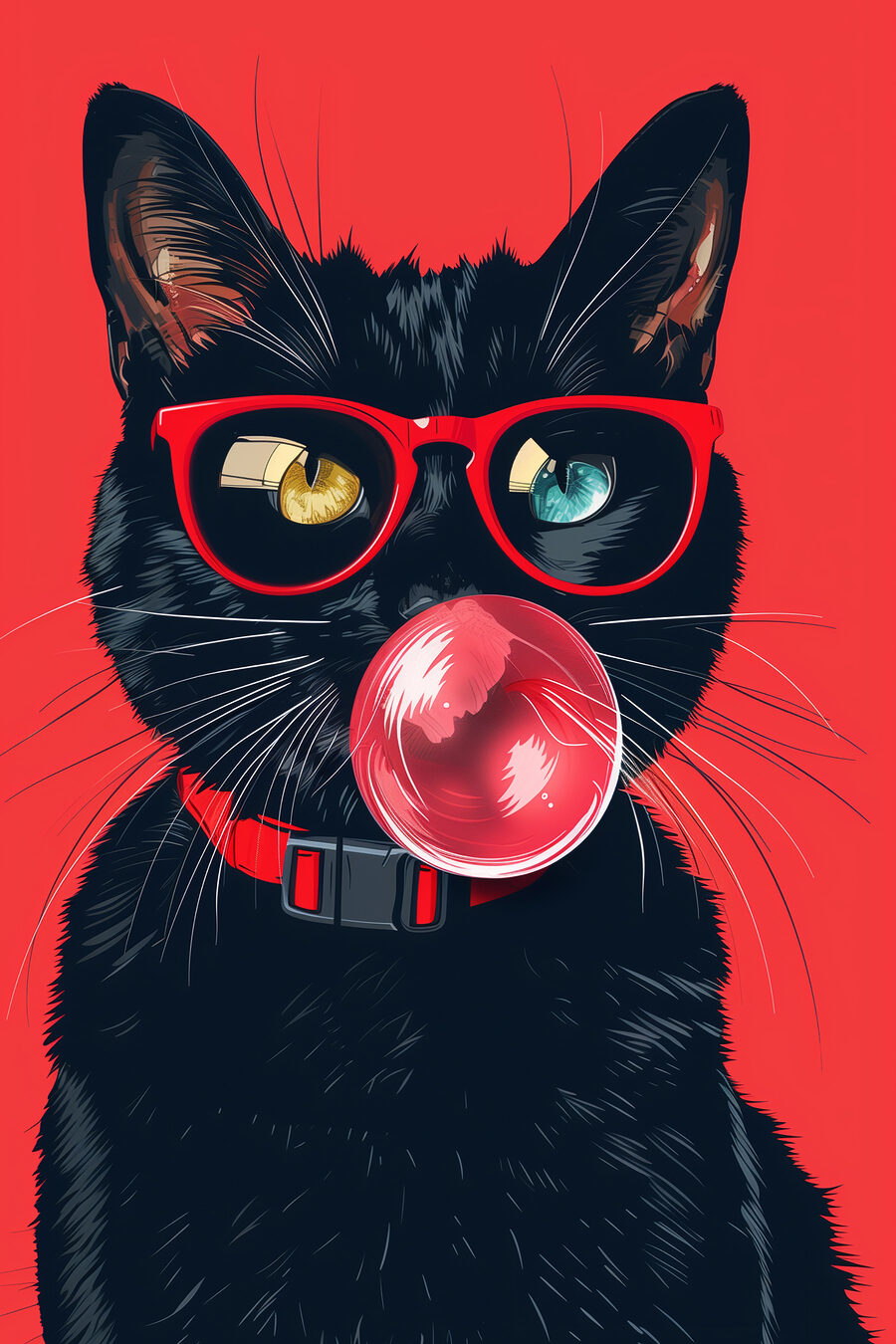 Een kat met een zonnebril en kauwgom