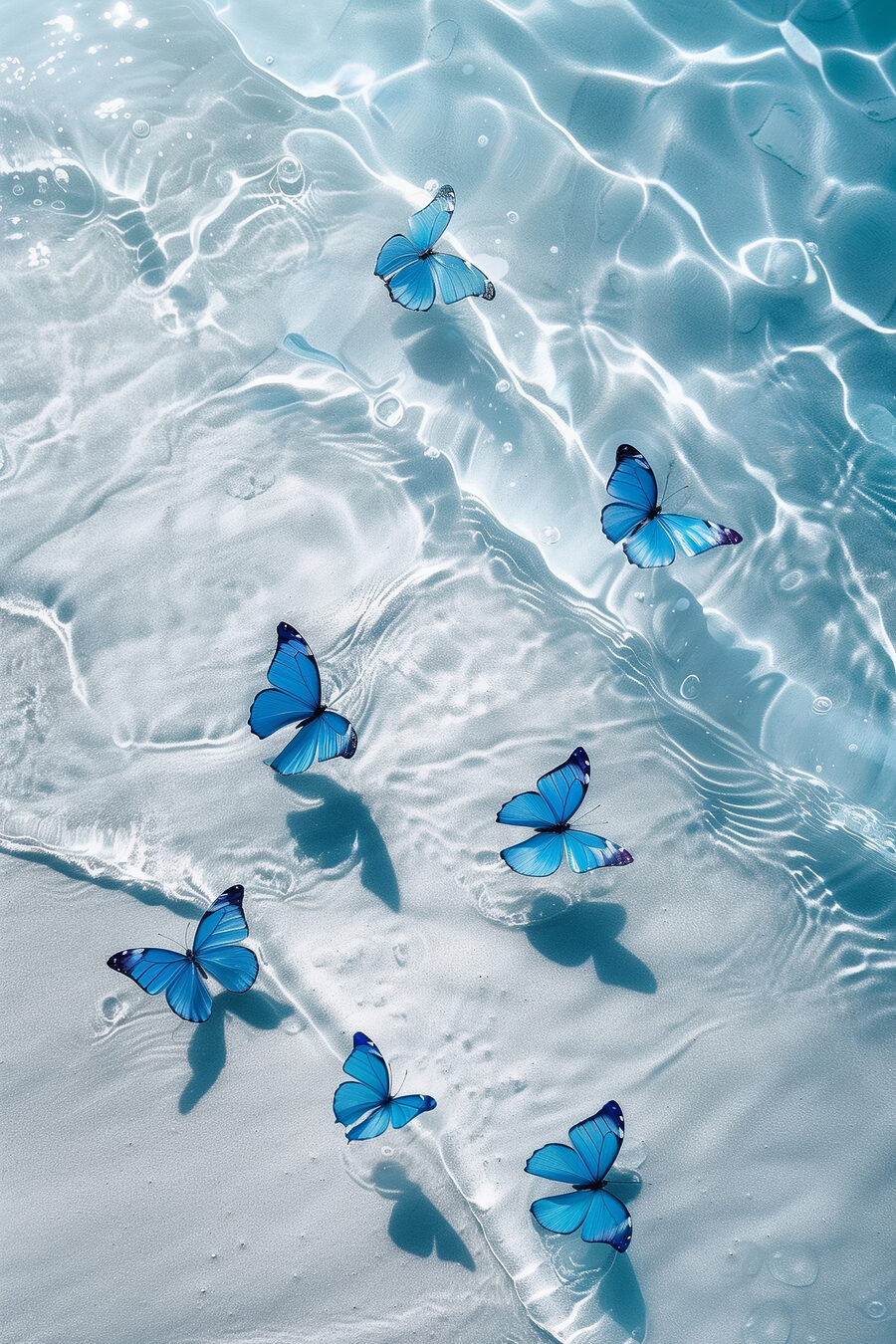 Een groep blauwe vlinders drijvend op water Een groep blauwe vlinders drijvend op water
