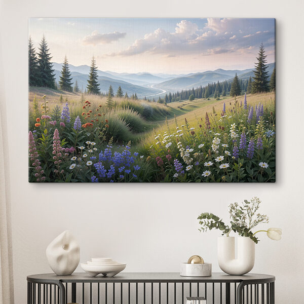 Een veld vol bloemen en bomen Een veld vol bloemen en bomen