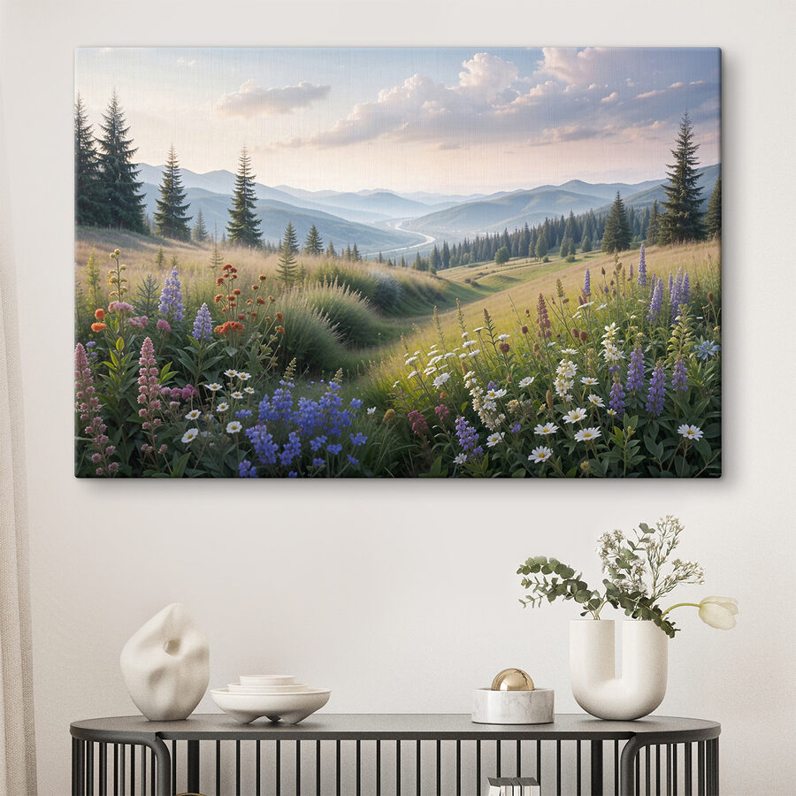 Een veld vol bloemen en bomen Een veld vol bloemen en bomen