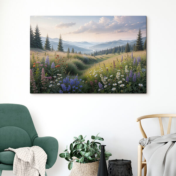 Een veld vol bloemen en bomen Een veld vol bloemen en bomen