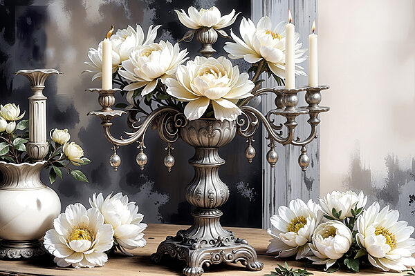 Een zilveren kandelaar met witte bloemen Een zilveren kandelaar met witte bloemen