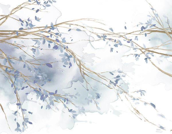 Aquarel van een boomtak met blauwe bladeren Aquarel van een boomtak met blauwe bladeren