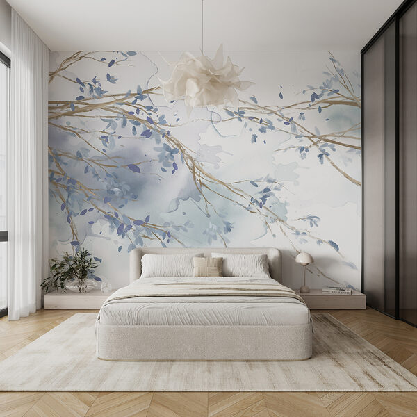 Aquarel van een boomtak met blauwe bladeren Aquarel van een boomtak met blauwe bladeren