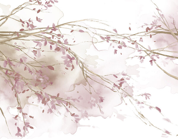 Aquarel van een boomtak met roze bloemen Aquarel van een boomtak met roze bloemen