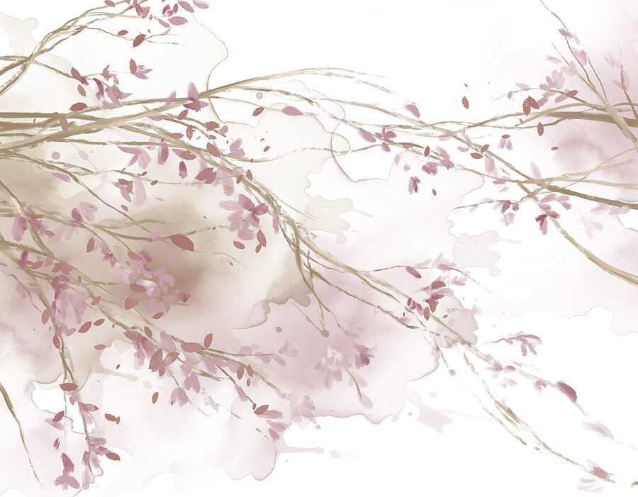 Aquarel van een boomtak met roze bloemen Aquarel van een boomtak met roze bloemen