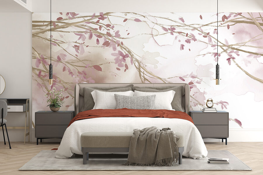 Aquarel van een boomtak met roze bloemen Aquarel van een boomtak met roze bloemen