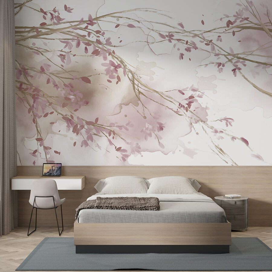 Aquarel van een boomtak met roze bloemen Aquarel van een boomtak met roze bloemen