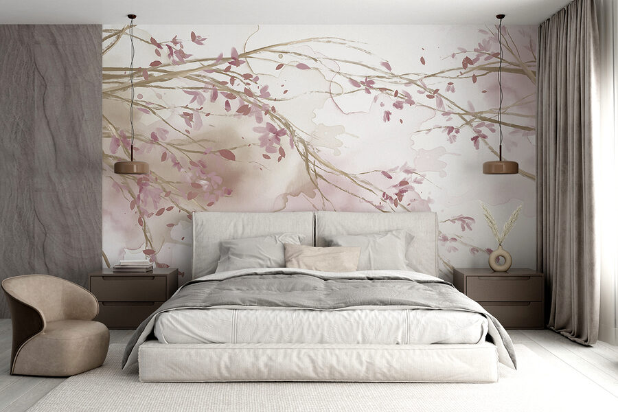 Aquarel van een boomtak met roze bloemen Aquarel van een boomtak met roze bloemen