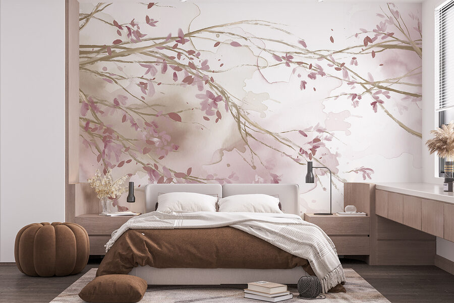Aquarel van een boomtak met roze bloemen Aquarel van een boomtak met roze bloemen