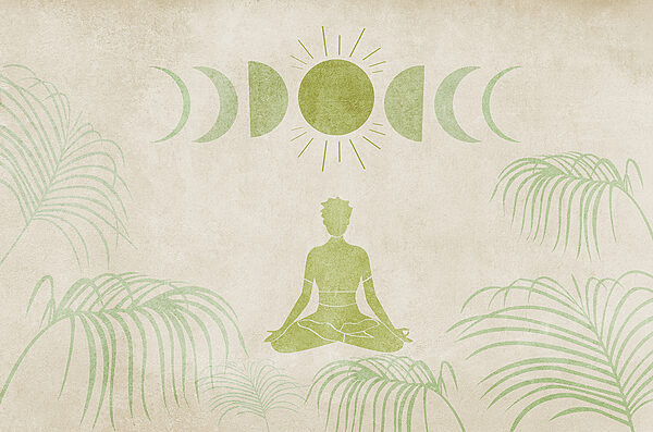 Drawing of a person sitting in a lotus position surrounded by plants