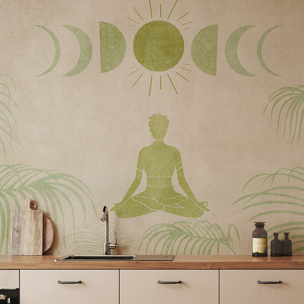 Drawing of a person sitting in a lotus position surrounded by plants