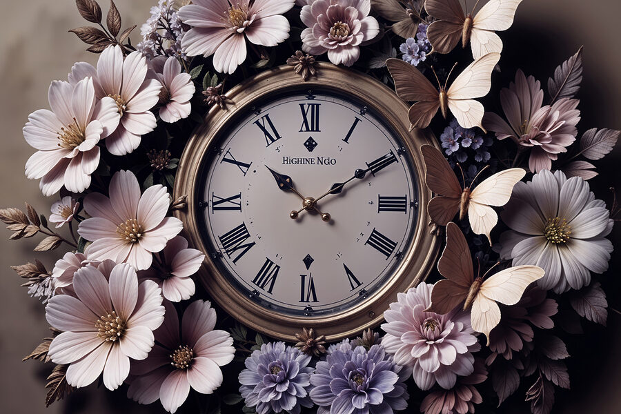 Klok omringd door bloemen