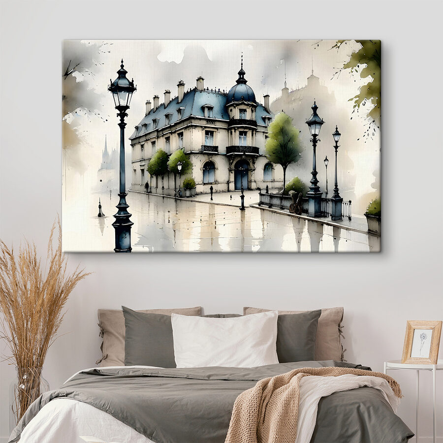 Schilderij van een gebouw met bomen en een straatlantaarn