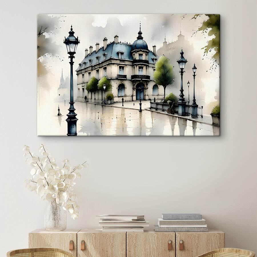Schilderij van een gebouw met bomen en een straatlantaarn