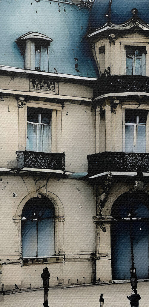 Painting of a building with trees and a street lamp