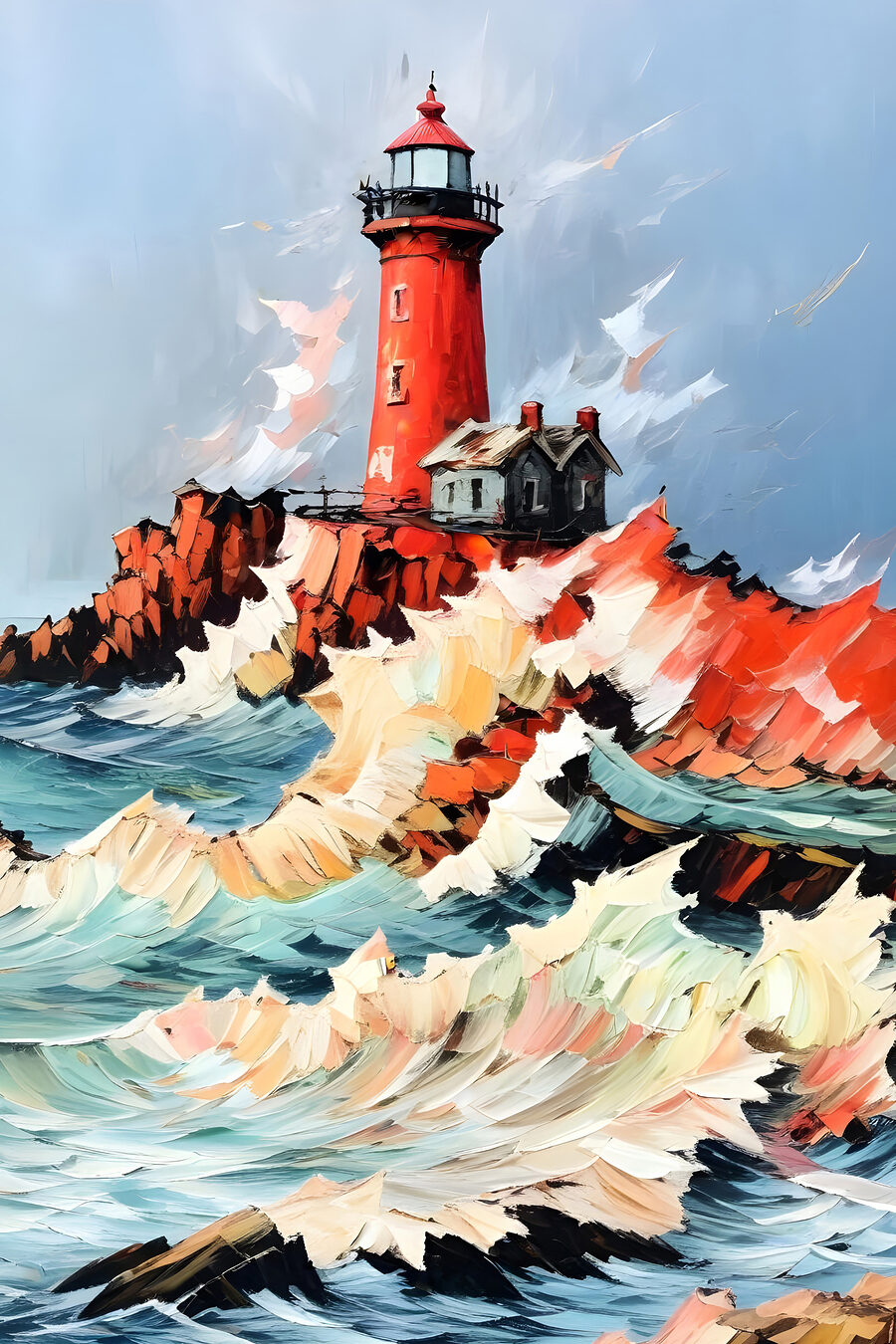 Schilderij van een vuurtoren in de oceaan