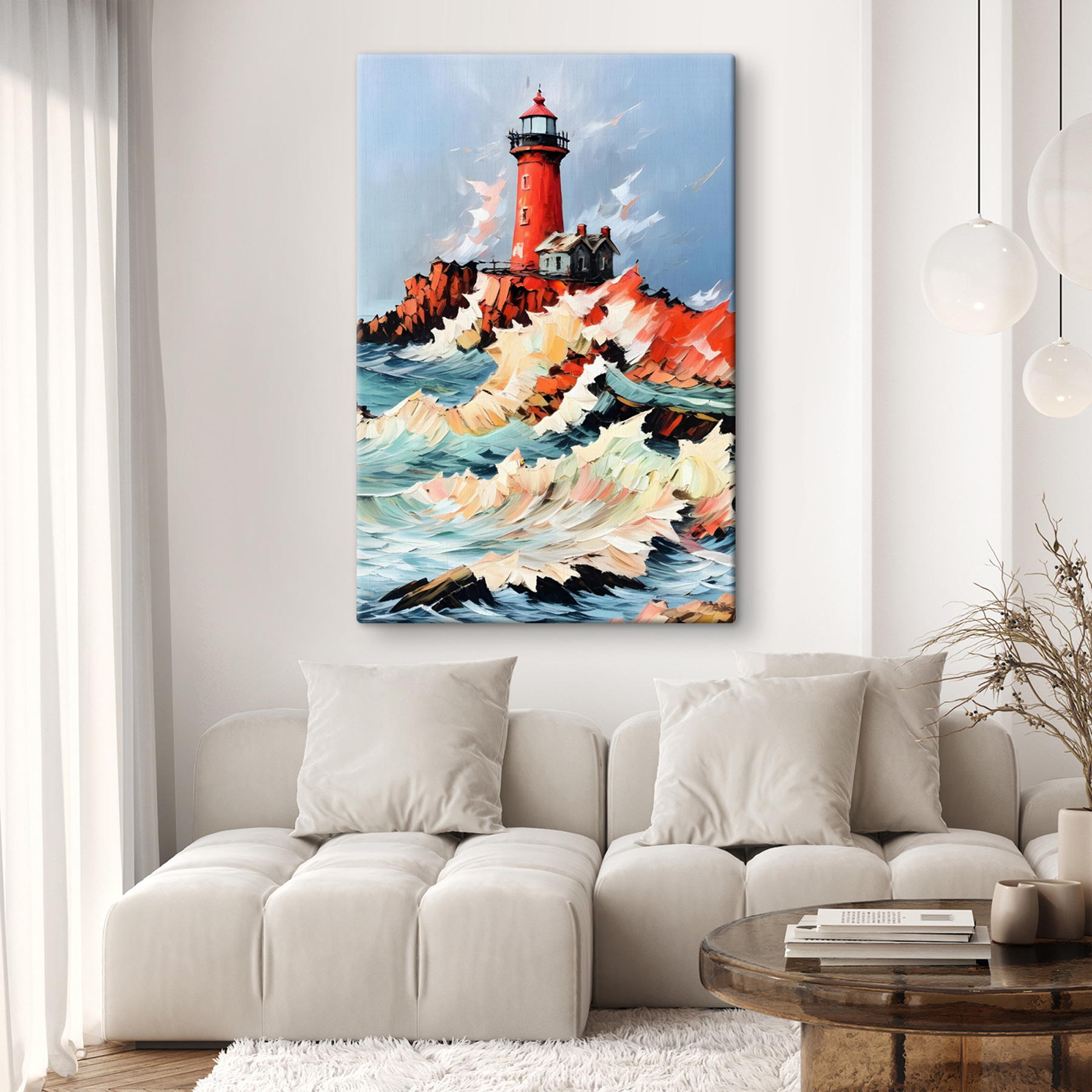 Painting of a lighthouse in the ocean