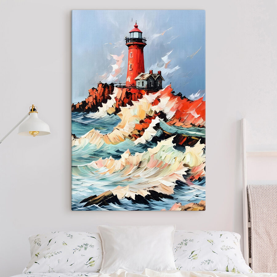 Schilderij van een vuurtoren in de oceaan