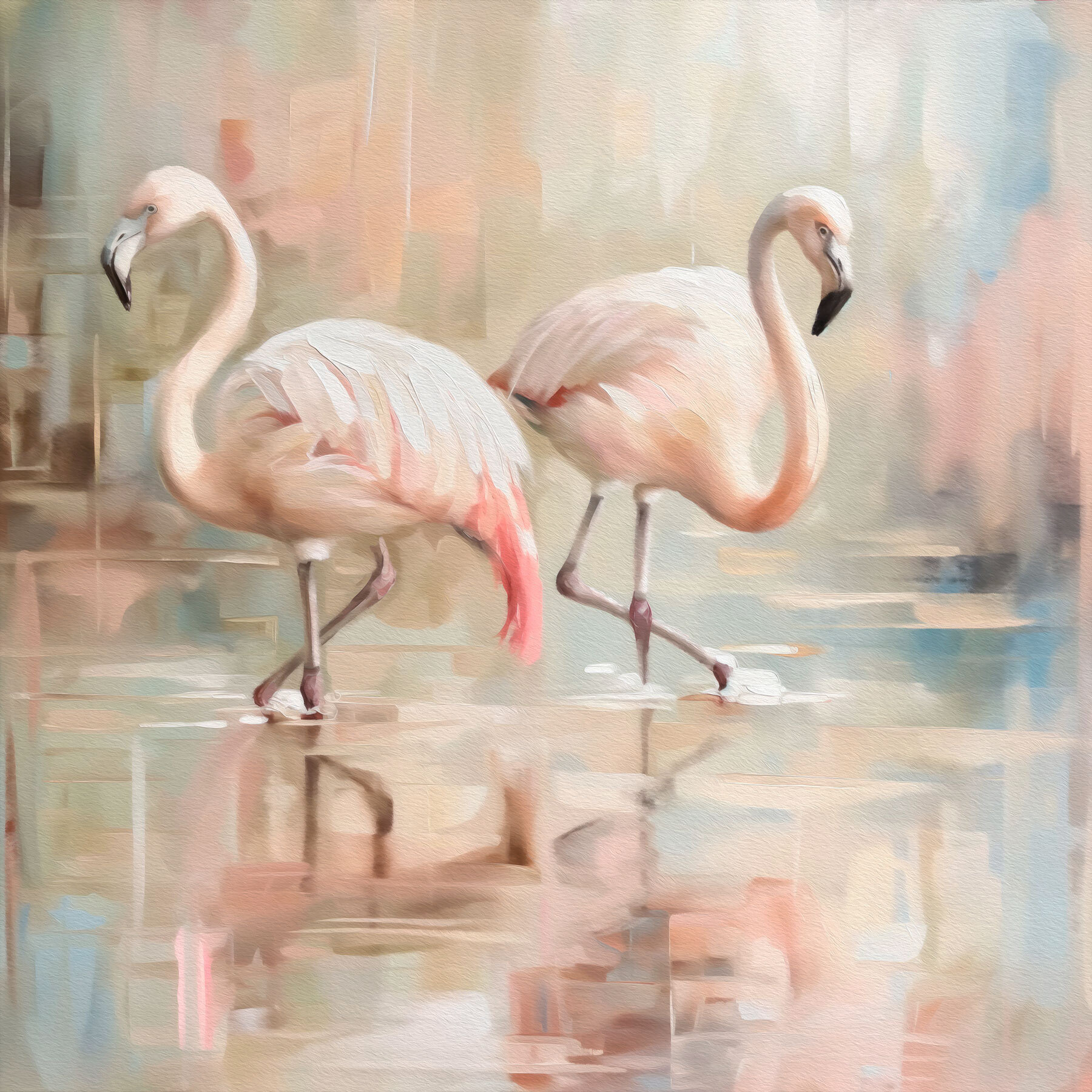 Two flamingos walking on water
