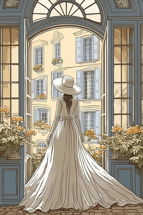 Woman in a dress and hat looking out a window Woman in a dress and hat looking out a window