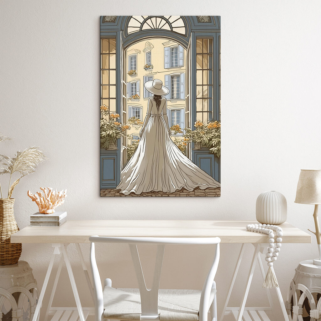 Woman in a dress and hat looking out a window Woman in a dress and hat looking out a window