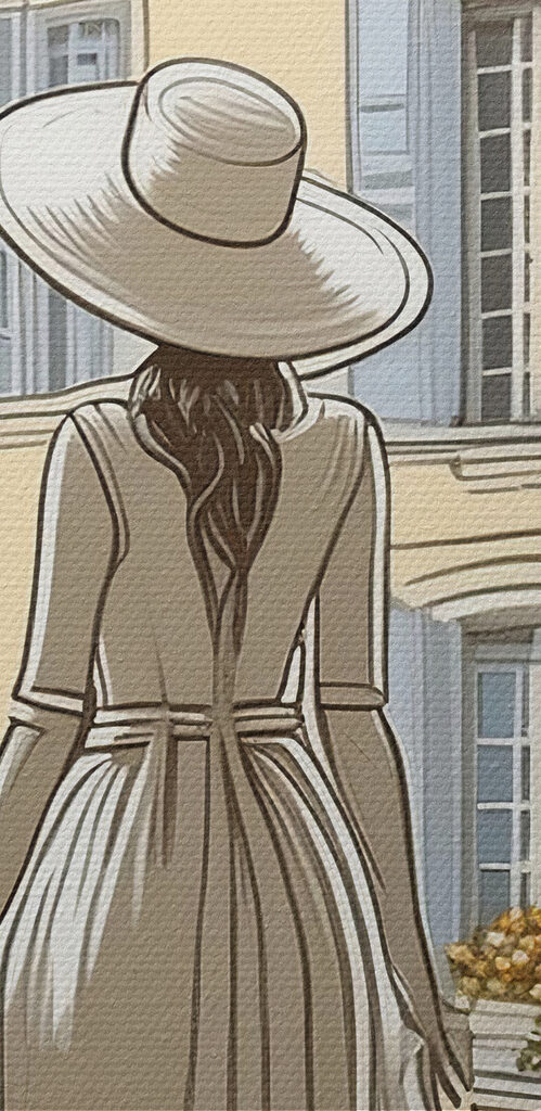 Woman in a dress and hat looking out a window Woman in a dress and hat looking out a window