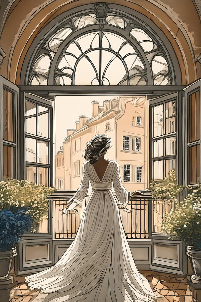 Woman in a white dress looking out a window