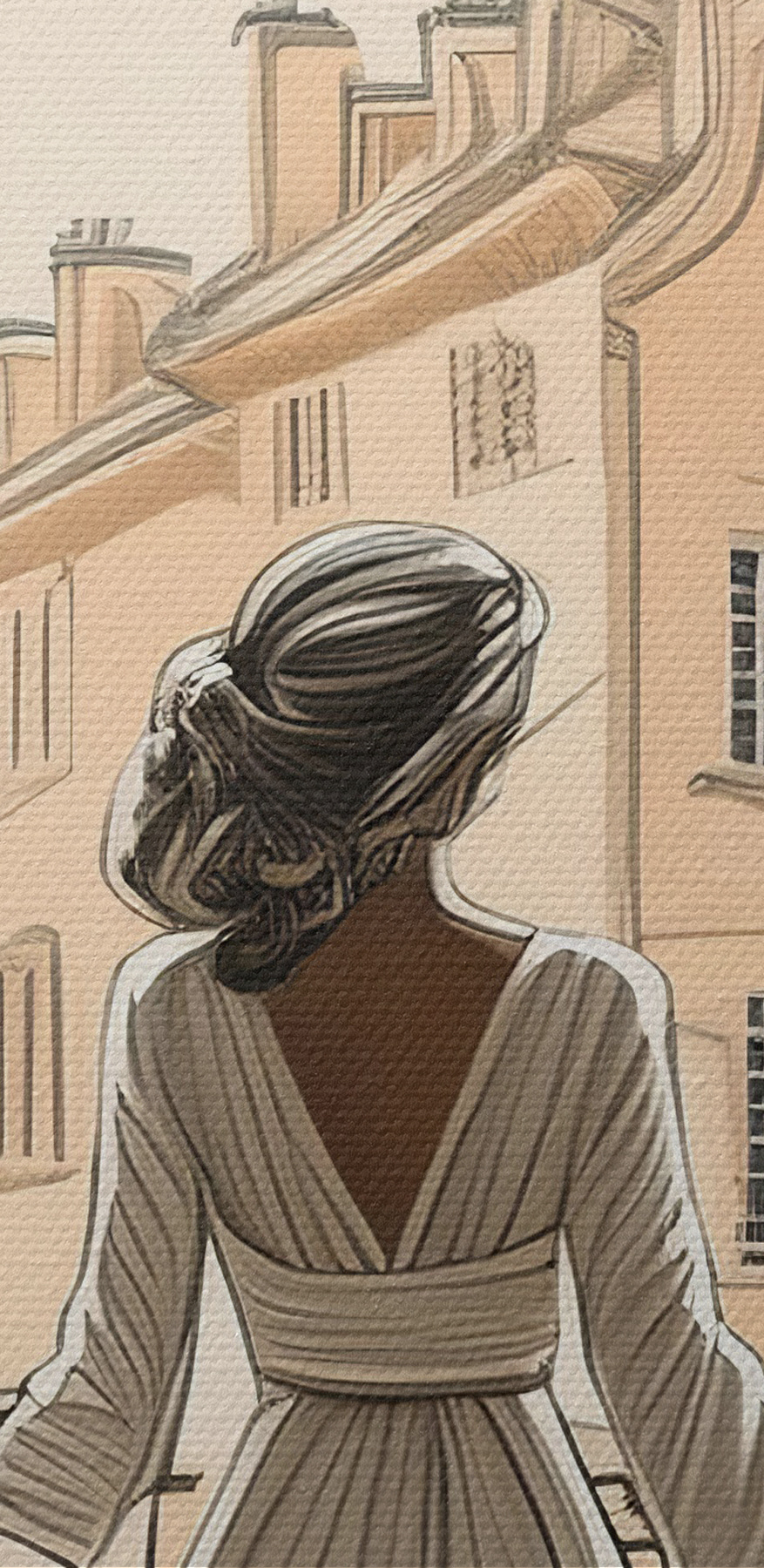 Vrouw in een witte jurk kijkt uit een raam