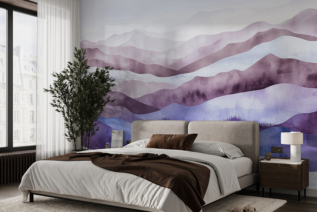 Painting of mountains with fog