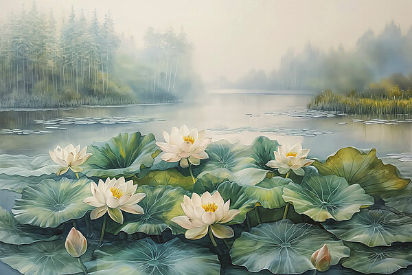 Schilderij van een vijver met witte bloemen en groene bladeren Schilderij van een vijver met witte bloemen en groene bladeren