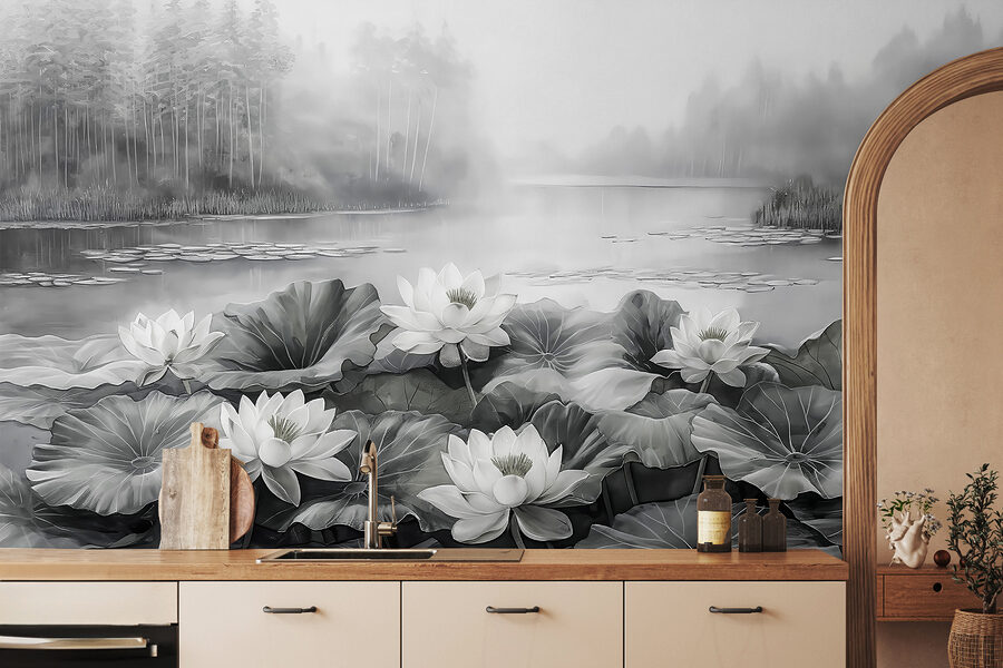 Groep witte bloemen op een meer