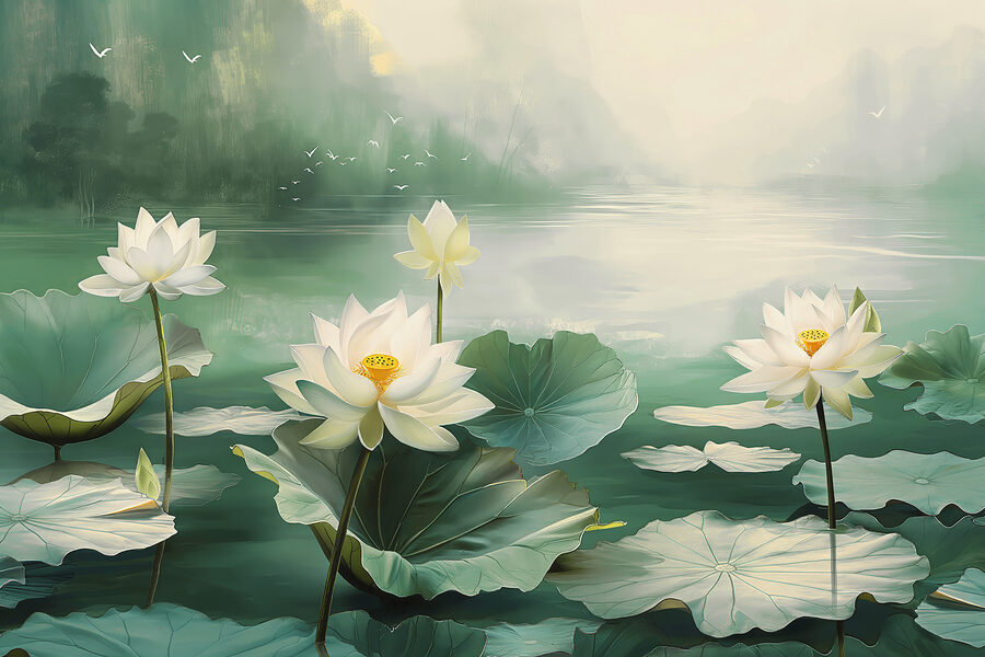 Schilderij van witte bloemen en bladeren in een meer