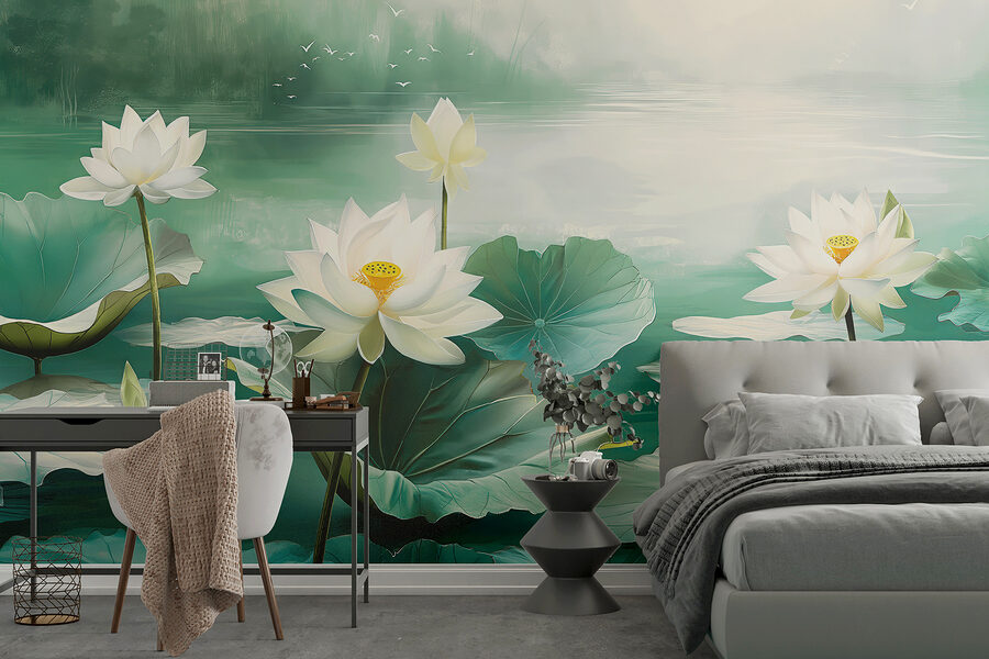 Schilderij van witte bloemen en bladeren in een meer