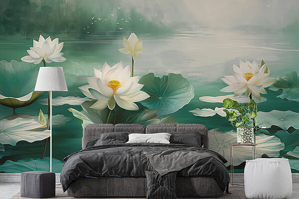 Schilderij van witte bloemen en bladeren in een meer Schilderij van witte bloemen en bladeren in een meer