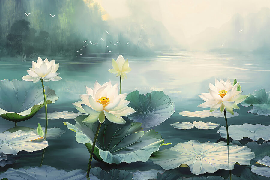 Schilderij van witte bloemen en bladeren op water