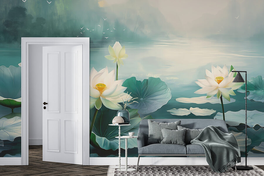 Schilderij van witte bloemen en bladeren op water