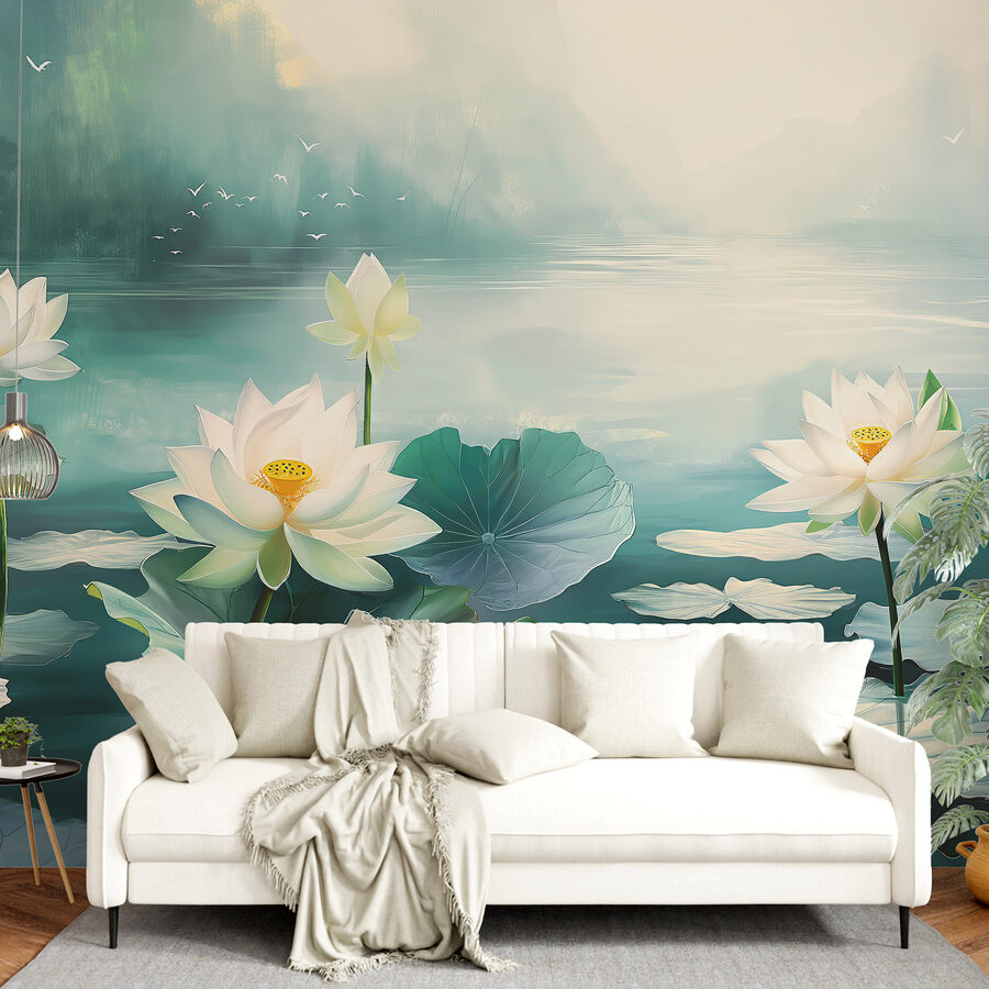 Schilderij van witte bloemen en bladeren op water