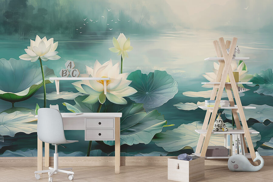 Schilderij van witte bloemen en bladeren op water