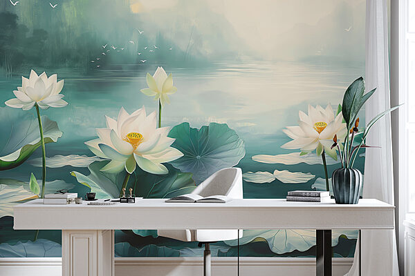 Schilderij van witte bloemen en bladeren op water Schilderij van witte bloemen en bladeren op water