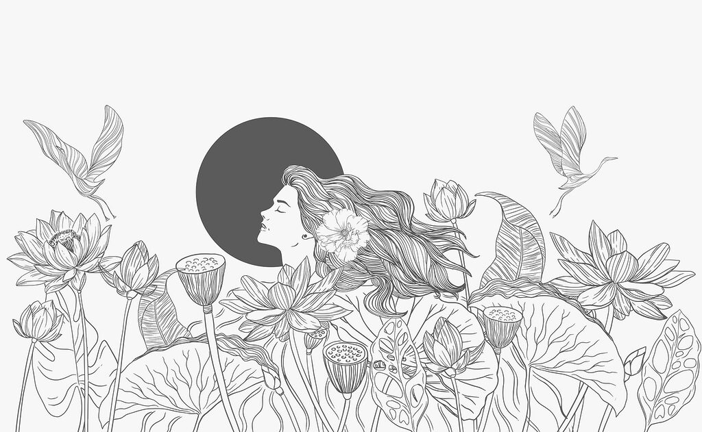 Vrouw met lang haar en bloemen Vrouw met lang haar en bloemen