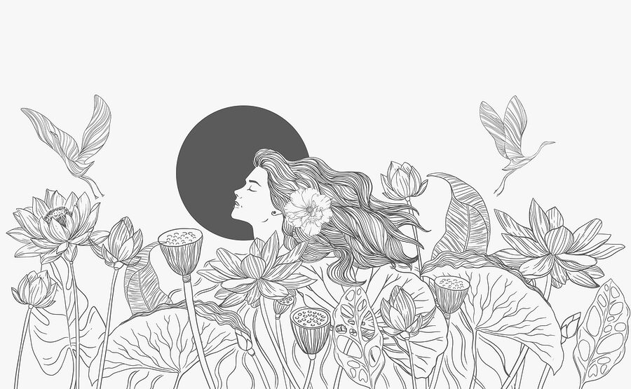 Vrouw met lang haar en bloemen Vrouw met lang haar en bloemen