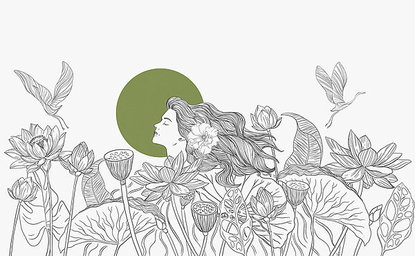 Tekening van een vrouw met lang haar en bloemen Tekening van een vrouw met lang haar en bloemen