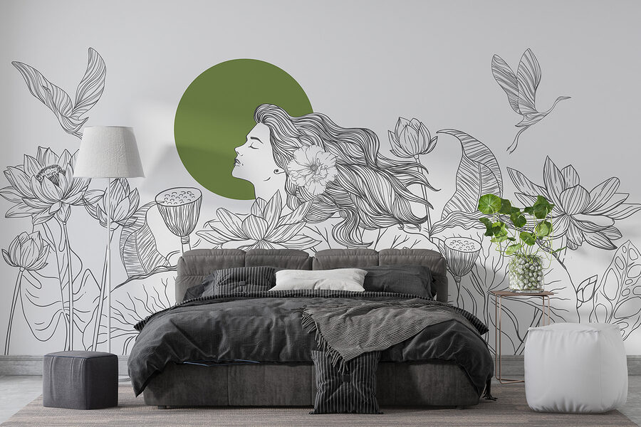 Tekening van een vrouw met lang haar en bloemen
