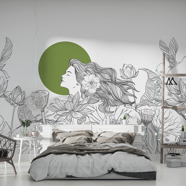 Tekening van een vrouw met lang haar en bloemen Tekening van een vrouw met lang haar en bloemen