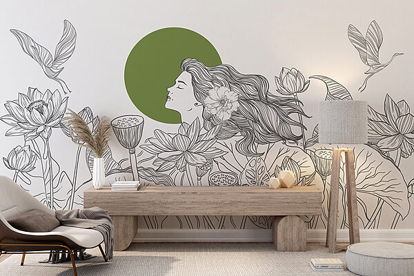 Tekening van een vrouw met lang haar en bloemen Tekening van een vrouw met lang haar en bloemen